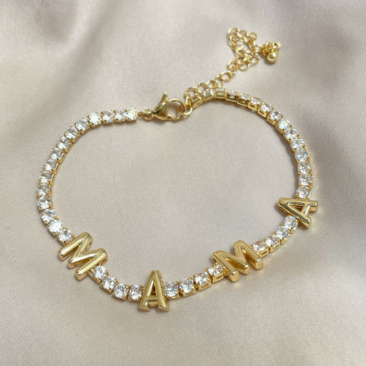 Pulsera MAMÁ con zirconias. Chapa de oro.